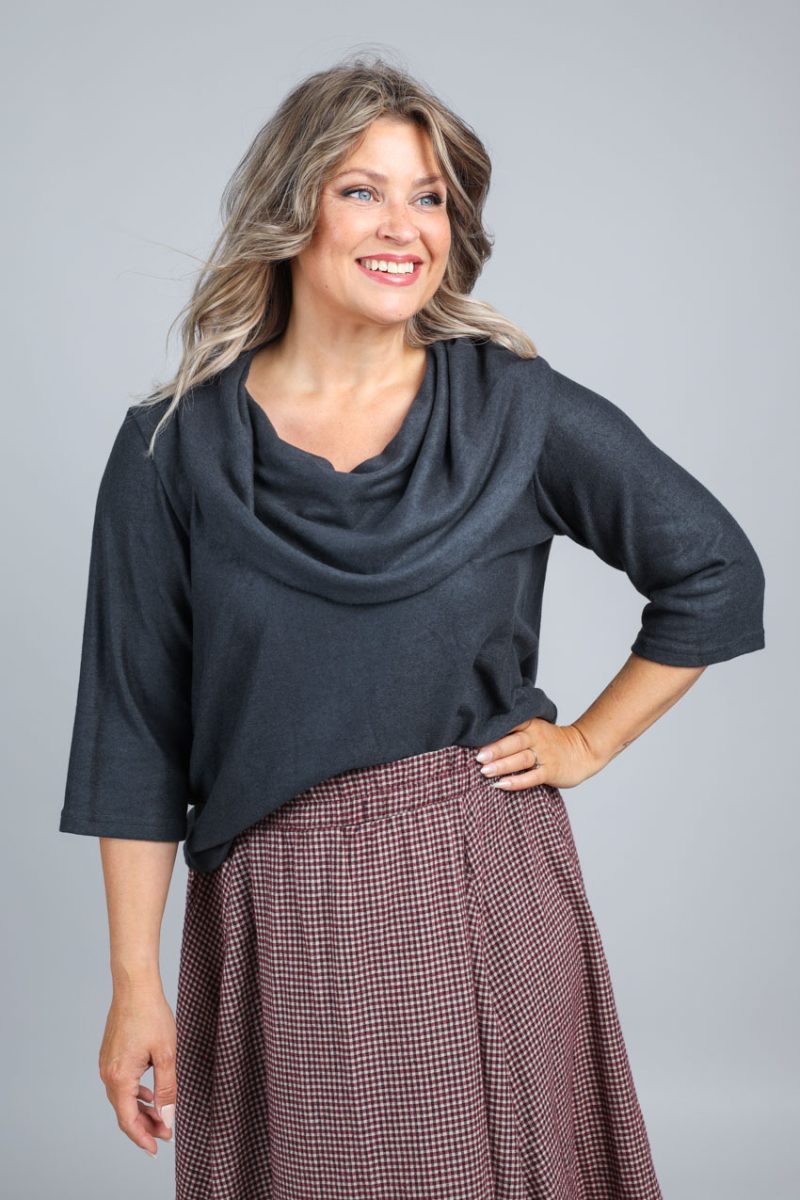 Blus m. krage i viskosfleece, Anthracite
